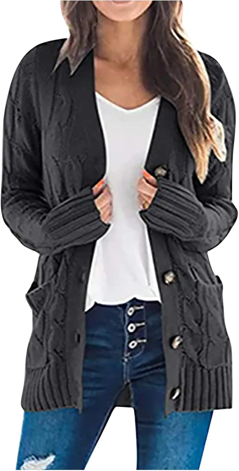 Cardigan Sweaters for Women Trendy Button Down Cable Knit Chunky Coat Fashion Open Front Outwear with Pockets