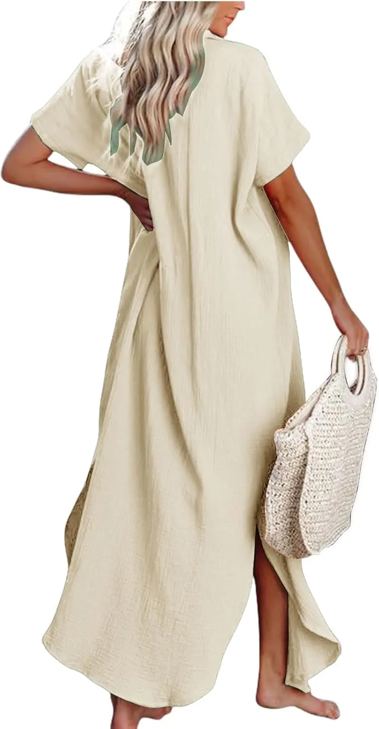 Cardigans for Women Trendy Casual Short Sleeve Side Split Button Down Long Cardigans Summer Vacation Beach Sundress