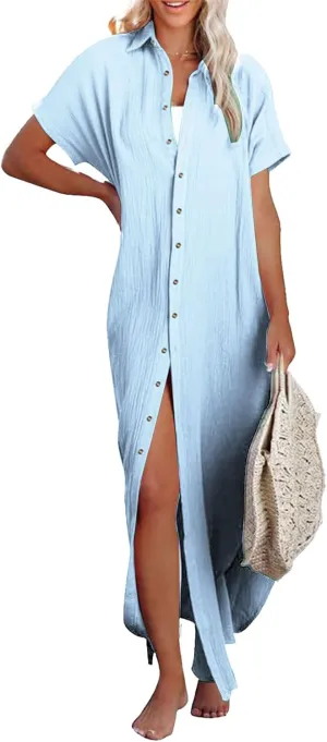 Cardigans for Women Trendy Casual Short Sleeve Side Split Button Down Long Cardigans Summer Vacation Beach Sundress