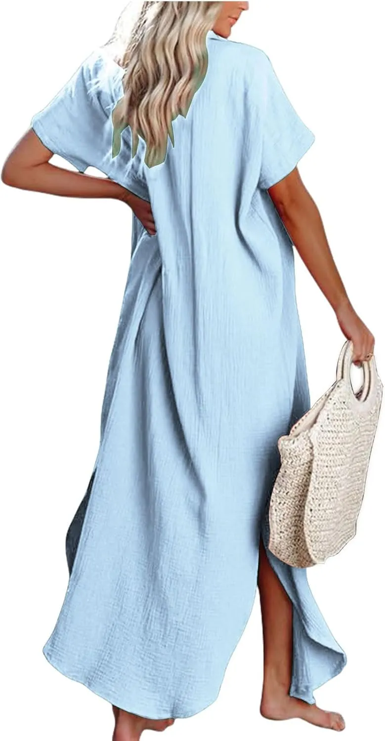 Cardigans for Women Trendy Casual Short Sleeve Side Split Button Down Long Cardigans Summer Vacation Beach Sundress