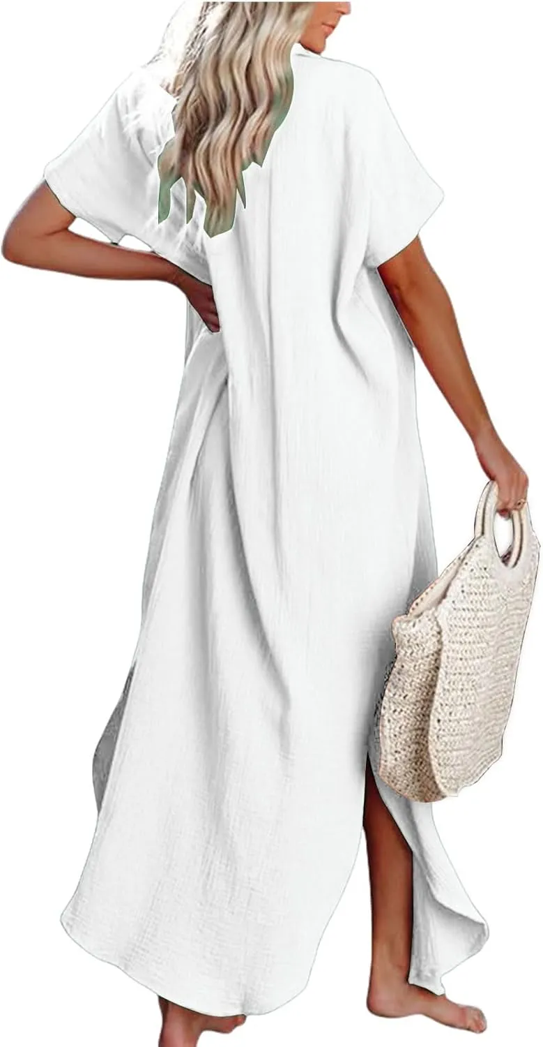 Cardigans for Women Trendy Casual Short Sleeve Side Split Button Down Long Cardigans Summer Vacation Beach Sundress