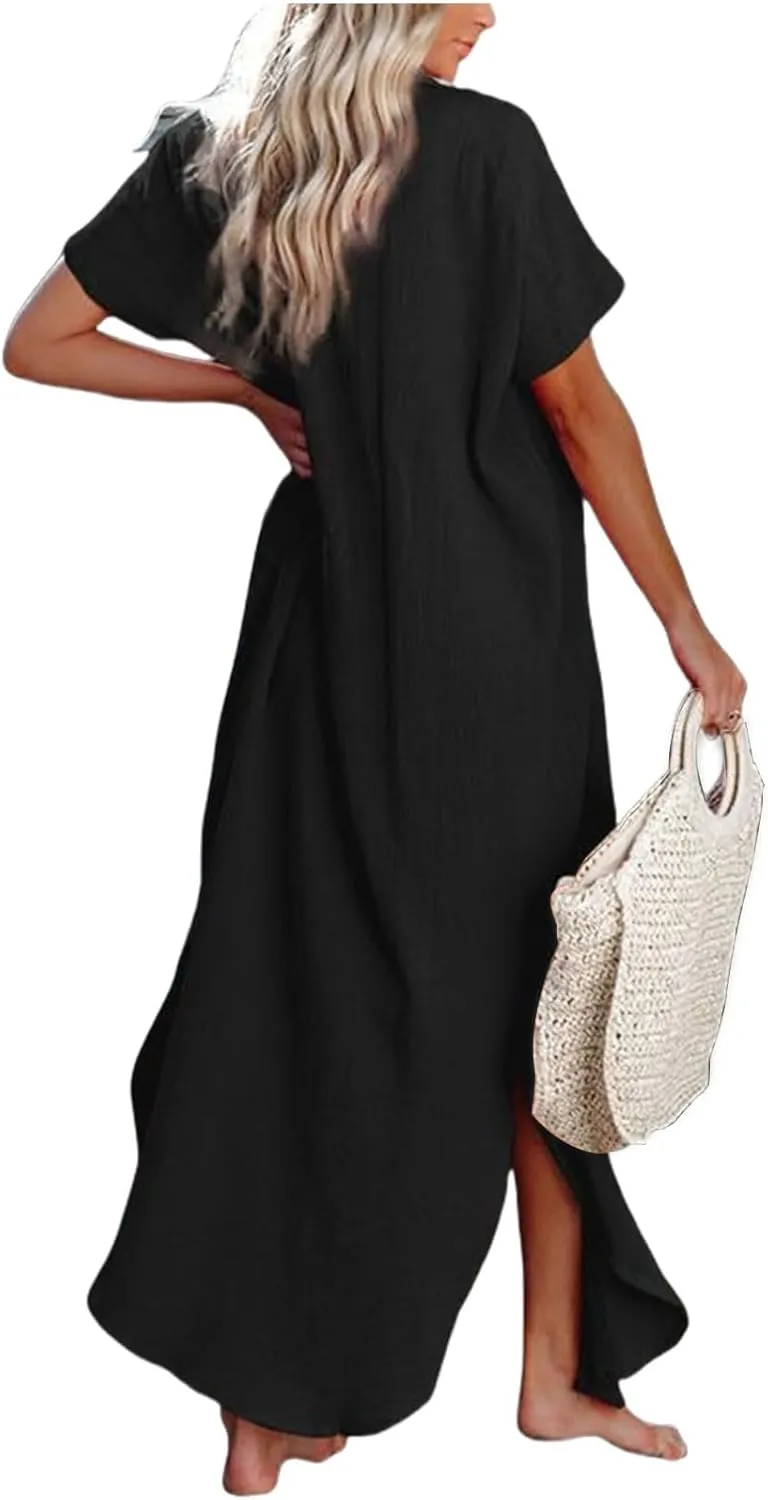 Cardigans for Women Trendy Casual Short Sleeve Side Split Button Down Long Cardigans Summer Vacation Beach Sundress