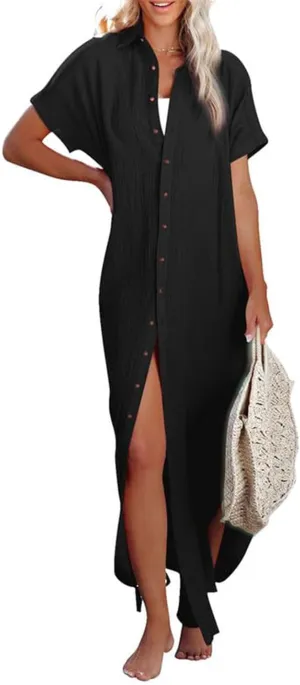 Cardigans for Women Trendy Casual Short Sleeve Side Split Button Down Long Cardigans Summer Vacation Beach Sundress