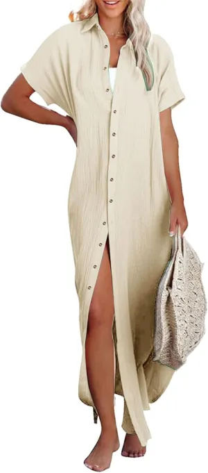Cardigans for Women Trendy Casual Short Sleeve Side Split Button Down Long Cardigans Summer Vacation Beach Sundress