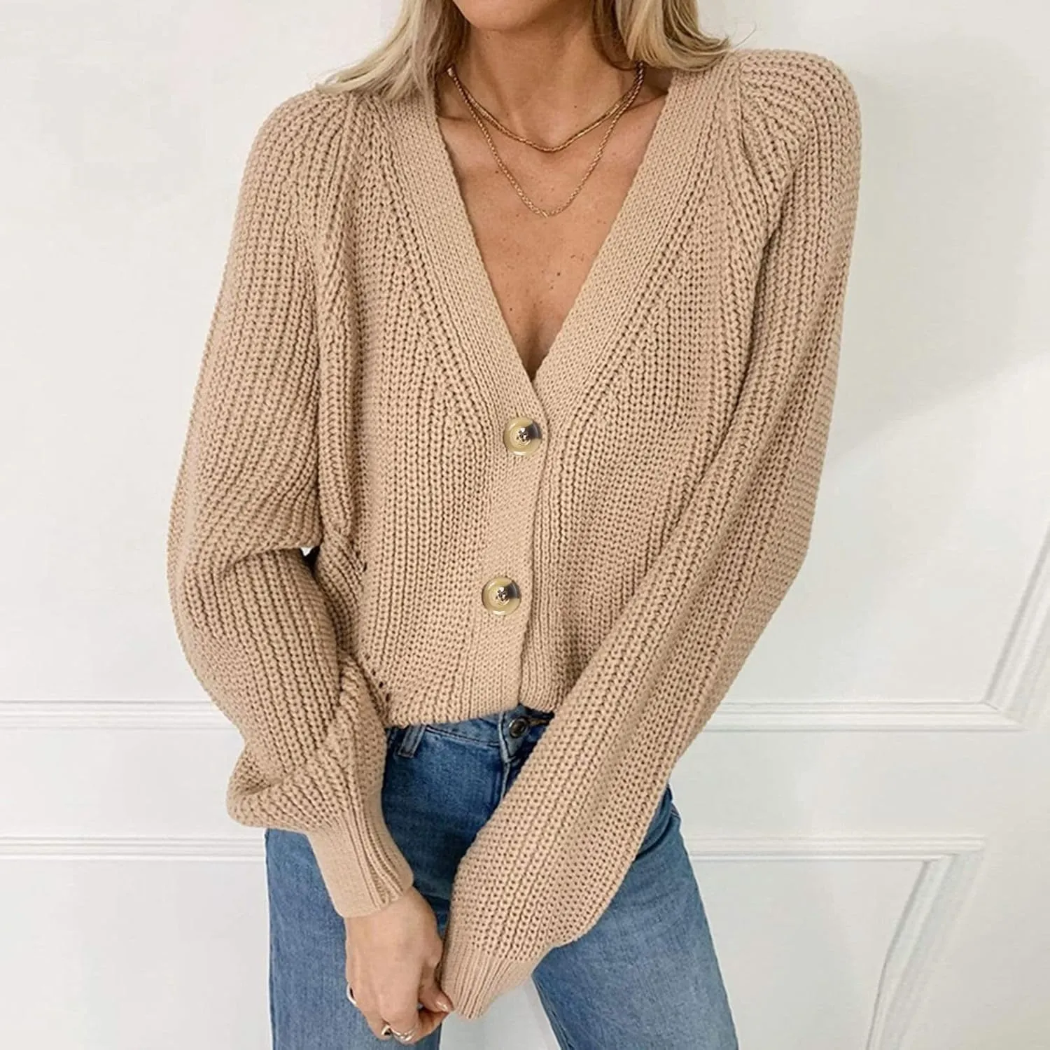 Chunky Knit Sweater Women Sexy Deep V Neck Long Sleeve Cardigan Sweaters for Women Dressy Plus Size Sweaters S-3XL