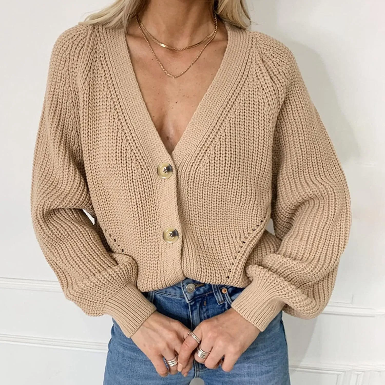 Chunky Knit Sweater Women Sexy Deep V Neck Long Sleeve Cardigan Sweaters for Women Dressy Plus Size Sweaters S-3XL