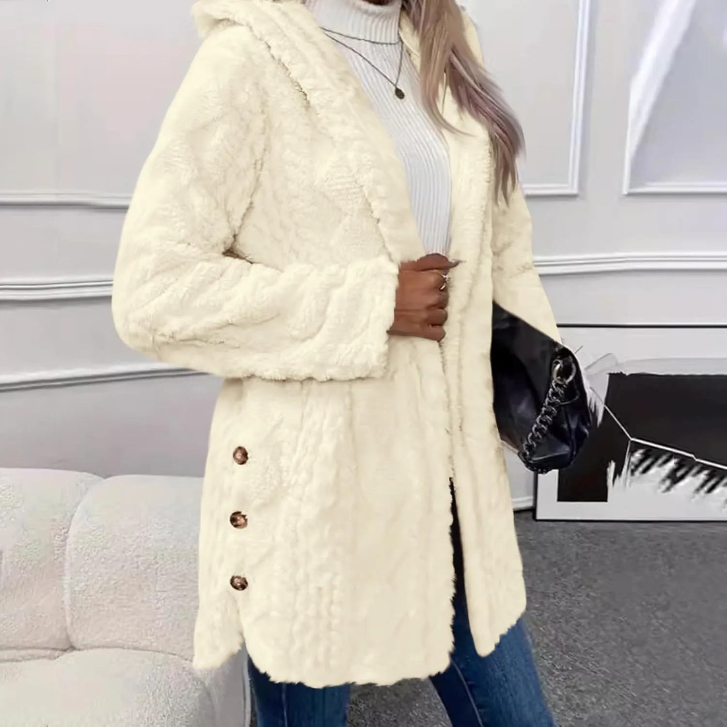 Chunky Knitted Hooded Cardigan Coats for Women Open Front Buttons Oversized Tunic Sweaters Thickened Warm Outerwear