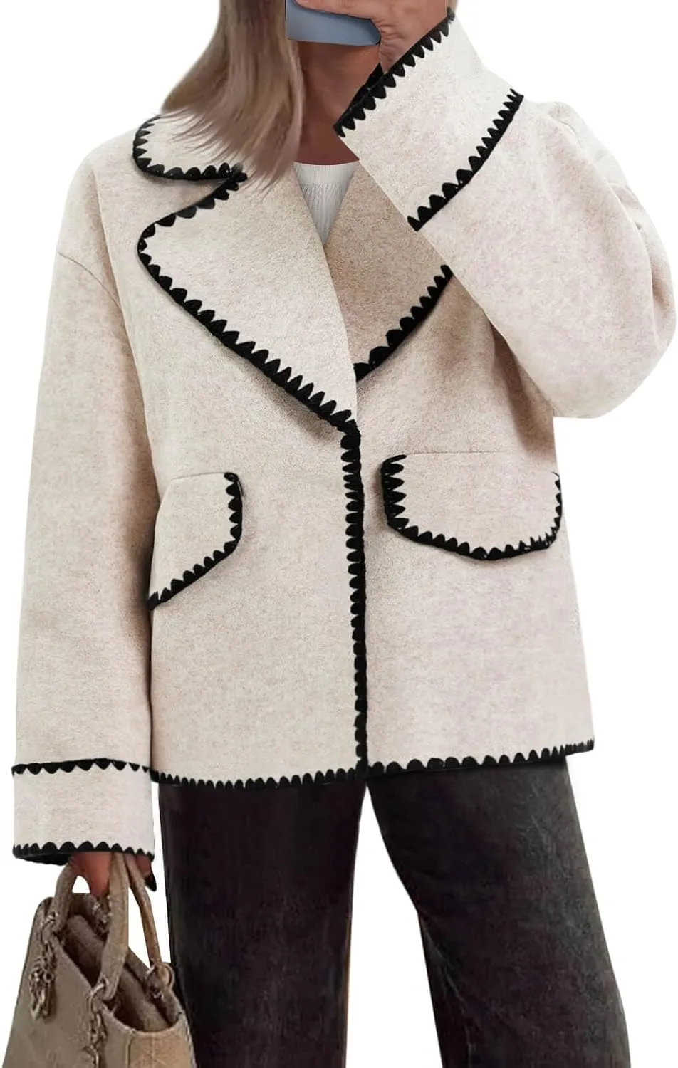 Cicy Bell Womens Cropped Wool Jacket Embroidered Contrast Trims Blazer Fall Short Pea Coat with Pockets