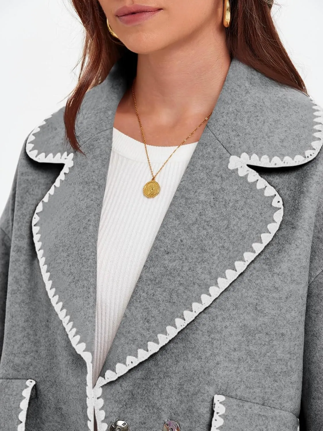 Cicy Bell Womens Cropped Wool Jacket Embroidered Contrast Trims Blazer Fall Short Pea Coat with Pockets
