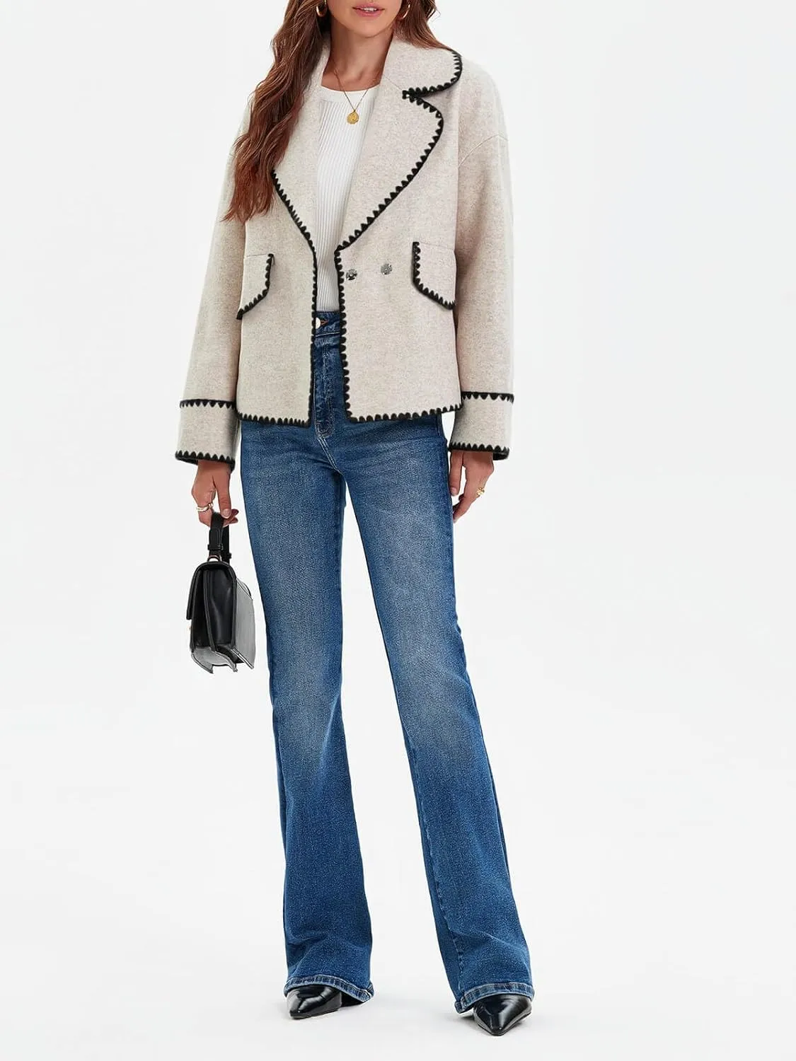 Cicy Bell Womens Cropped Wool Jacket Embroidered Contrast Trims Blazer Fall Short Pea Coat with Pockets