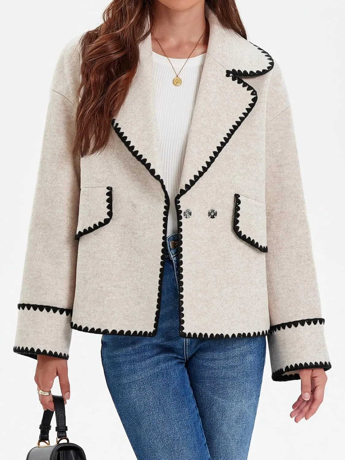 Cicy Bell Womens Cropped Wool Jacket Embroidered Contrast Trims Blazer Fall Short Pea Coat with Pockets