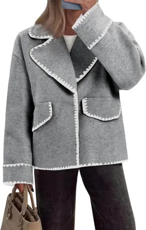 Cicy Bell Womens Cropped Wool Jacket Embroidered Contrast Trims Blazer Fall Short Pea Coat with Pockets