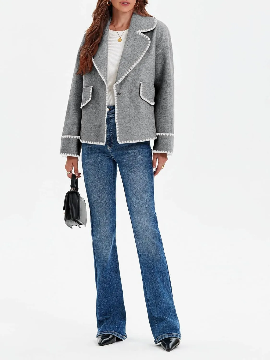 Cicy Bell Womens Cropped Wool Jacket Embroidered Contrast Trims Blazer Fall Short Pea Coat with Pockets