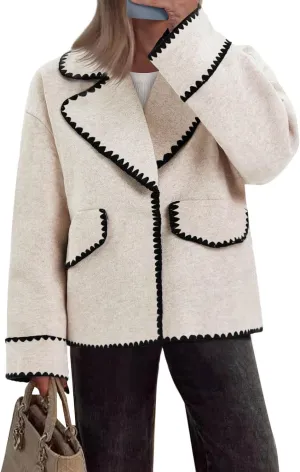Cicy Bell Womens Cropped Wool Jacket Embroidered Contrast Trims Blazer Fall Short Pea Coat with Pockets