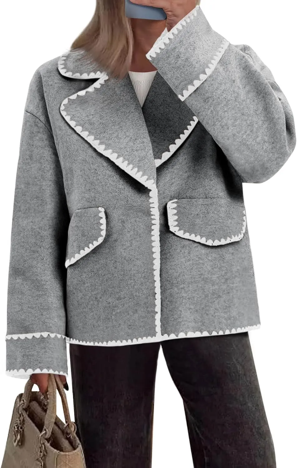 Cicy Bell Womens Cropped Wool Jacket Embroidered Contrast Trims Blazer Fall Short Pea Coat with Pockets