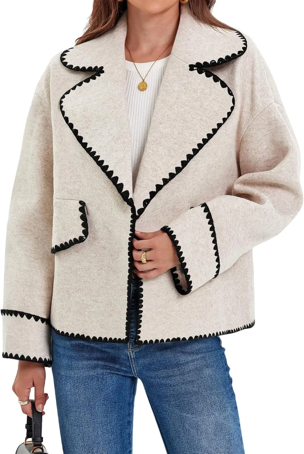 Cicy Bell Womens Cropped Wool Jacket Embroidered Contrast Trims Blazer Fall Short Pea Coat with Pockets