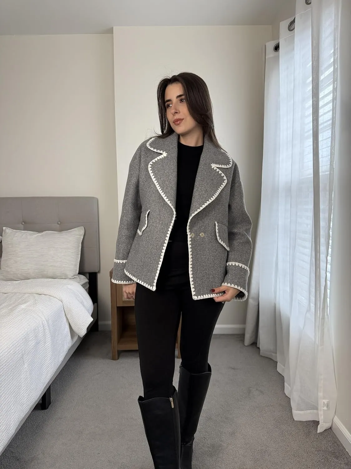 Cicy Bell Womens Cropped Wool Jacket Embroidered Contrast Trims Blazer Fall Short Pea Coat with Pockets