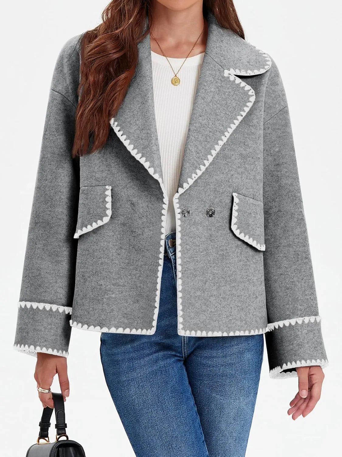 Cicy Bell Womens Cropped Wool Jacket Embroidered Contrast Trims Blazer Fall Short Pea Coat with Pockets