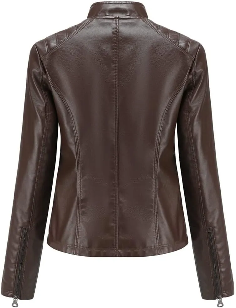 Classic Spring Autumn Women Faux Leather Jacket Stand Collar Zipper Moto Biker PU Coat Black Slim Outwear