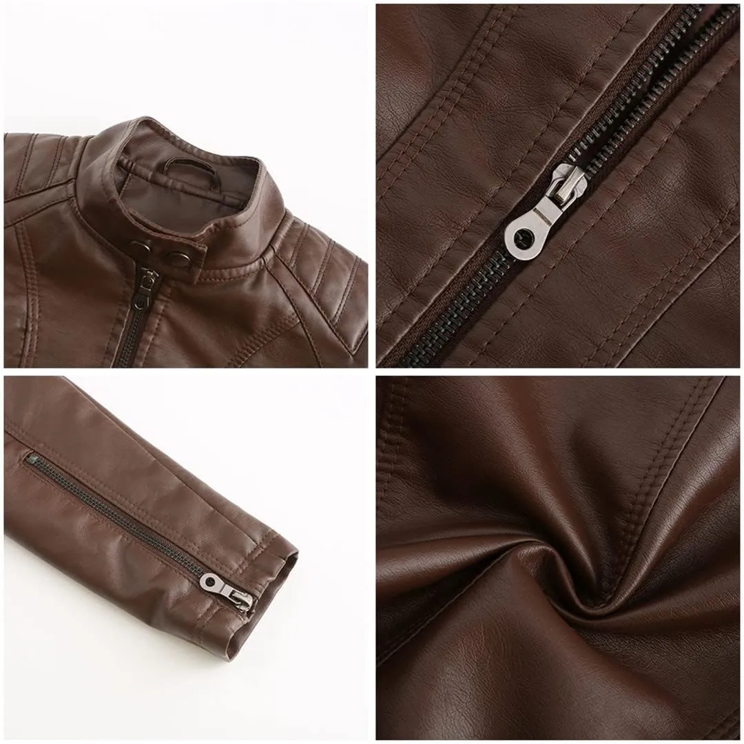 Classic Spring Autumn Women Faux Leather Jacket Stand Collar Zipper Moto Biker PU Coat Black Slim Outwear