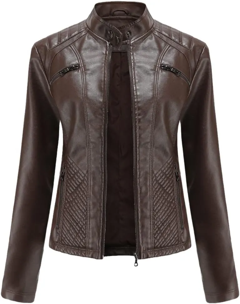 Classic Spring Autumn Women Faux Leather Jacket Stand Collar Zipper Moto Biker PU Coat Black Slim Outwear