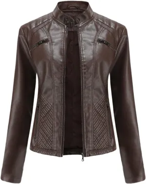 Classic Spring Autumn Women Faux Leather Jacket Stand Collar Zipper Moto Biker PU Coat Black Slim Outwear
