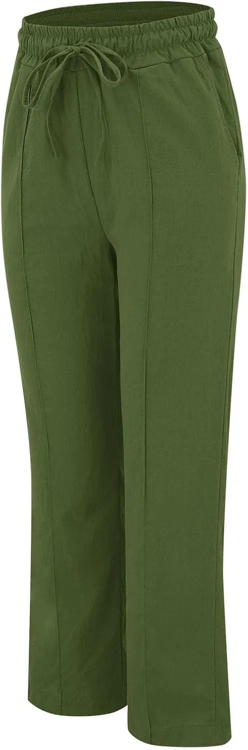 Cotton Linen Pants for Women Women's Summer Drawstring Waist Wide Leg Loose Cotton Linen Palazzo Pants