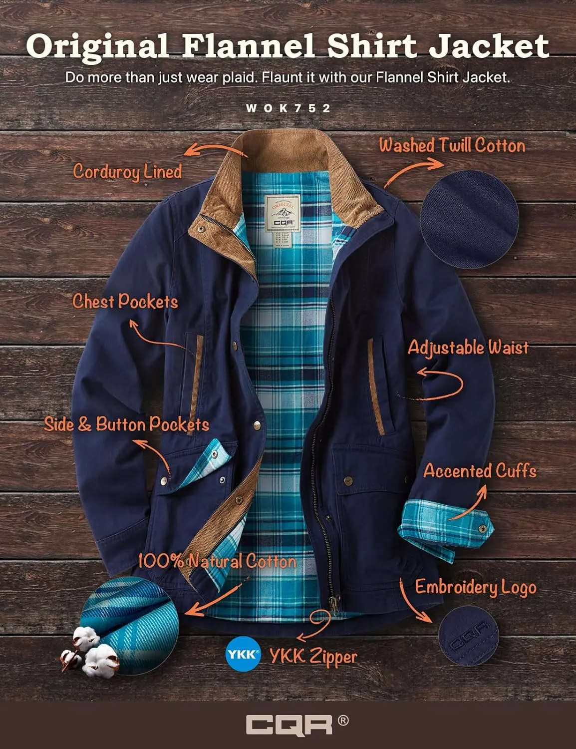 CQR Women's Twill All Cotton Flannel Shirt Jacket, Soft Long Sleeve Shirts, Corduroy Lined Outdoor Shirt Jackets