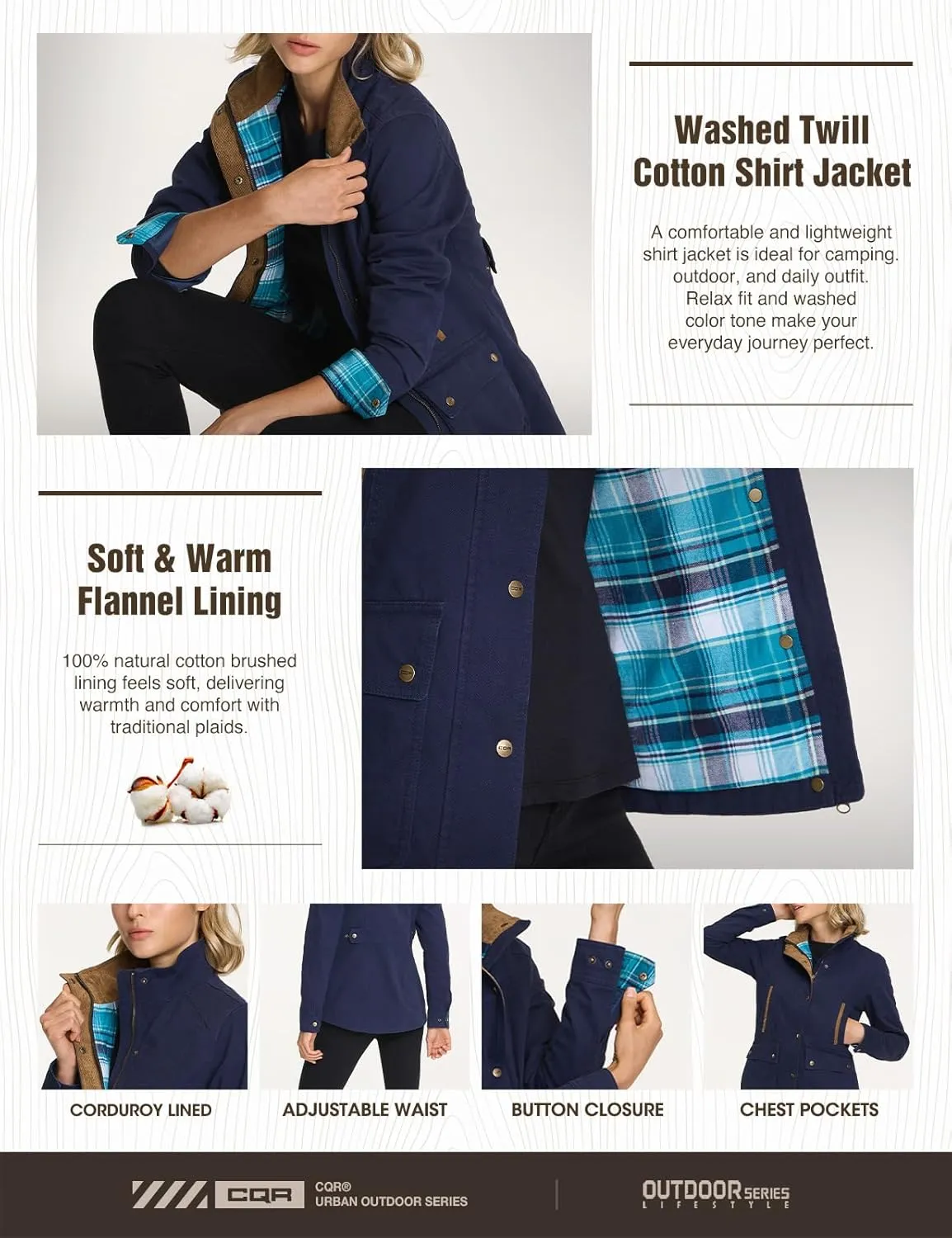 CQR Women's Twill All Cotton Flannel Shirt Jacket, Soft Long Sleeve Shirts, Corduroy Lined Outdoor Shirt Jackets