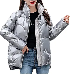 DASAYO Women Zip Up Metallic Shiny Puffer Jacket Stand Neck Outerwear Puffer Bubble Down Coat Casual Padded Outwear