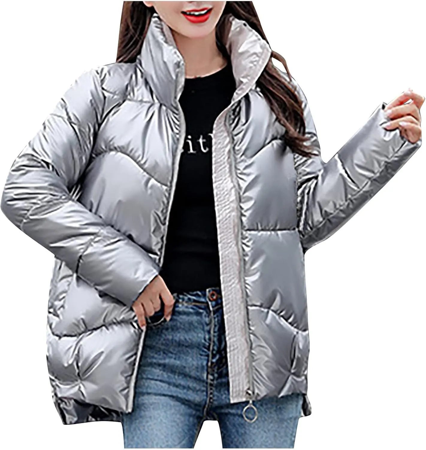 DASAYO Women Zip Up Metallic Shiny Puffer Jacket Stand Neck Outerwear Puffer Bubble Down Coat Casual Padded Outwear
