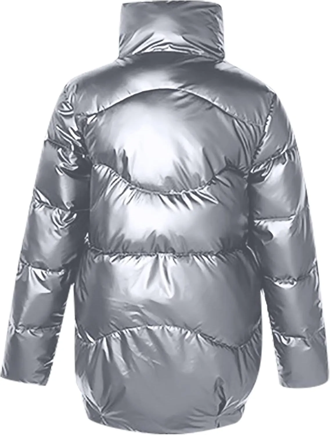 DASAYO Women Zip Up Metallic Shiny Puffer Jacket Stand Neck Outerwear Puffer Bubble Down Coat Casual Padded Outwear