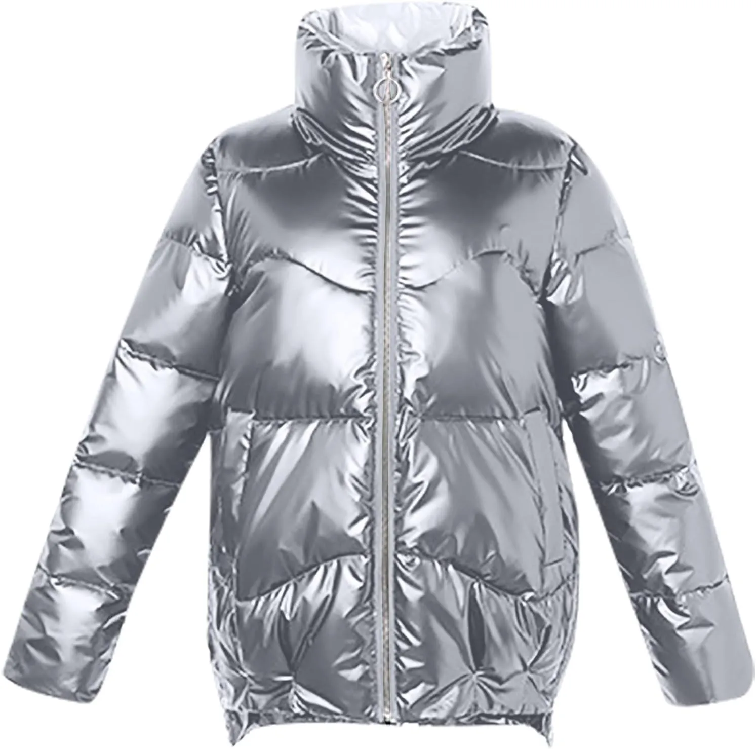 DASAYO Women Zip Up Metallic Shiny Puffer Jacket Stand Neck Outerwear Puffer Bubble Down Coat Casual Padded Outwear