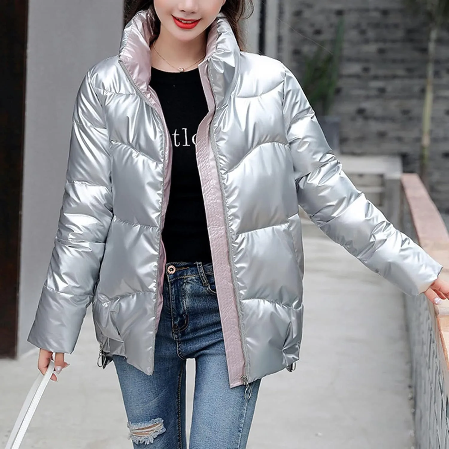 DASAYO Women Zip Up Metallic Shiny Puffer Jacket Stand Neck Outerwear Puffer Bubble Down Coat Casual Padded Outwear