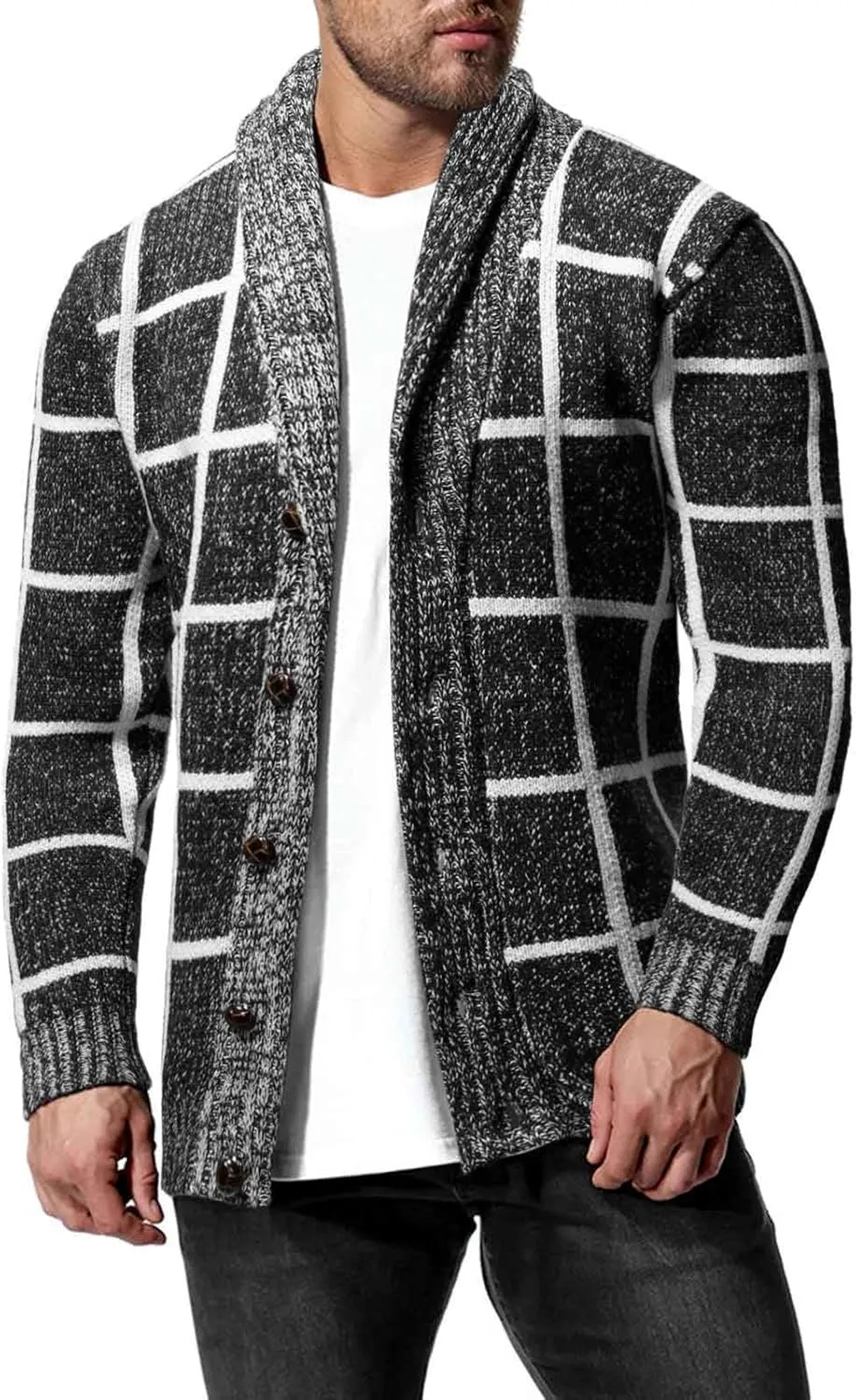 Dgoopd Mens Plaid Cardigan Sweater Ruffle Cable Knit Sweater Shawl Collar Cardigan Button Down Sweaters Thermal Outwear