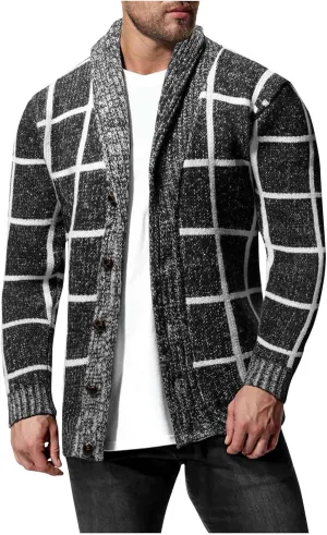 Dgoopd Mens Plaid Cardigan Sweater Ruffle Cable Knit Sweater Shawl Collar Cardigan Button Down Sweaters Thermal Outwear