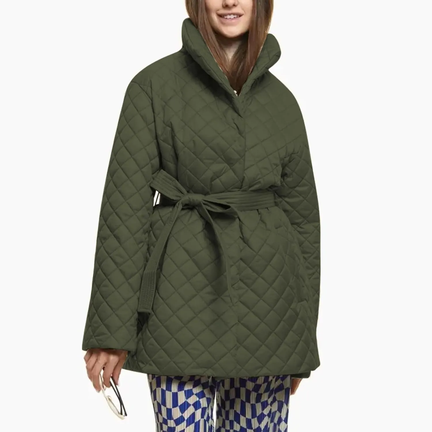 Double Breasted Long Belted Coats Women Long Sleeve Argyle Hoodies Quilted Jacket Maxi Winter Warm Down Coat Outerwear
