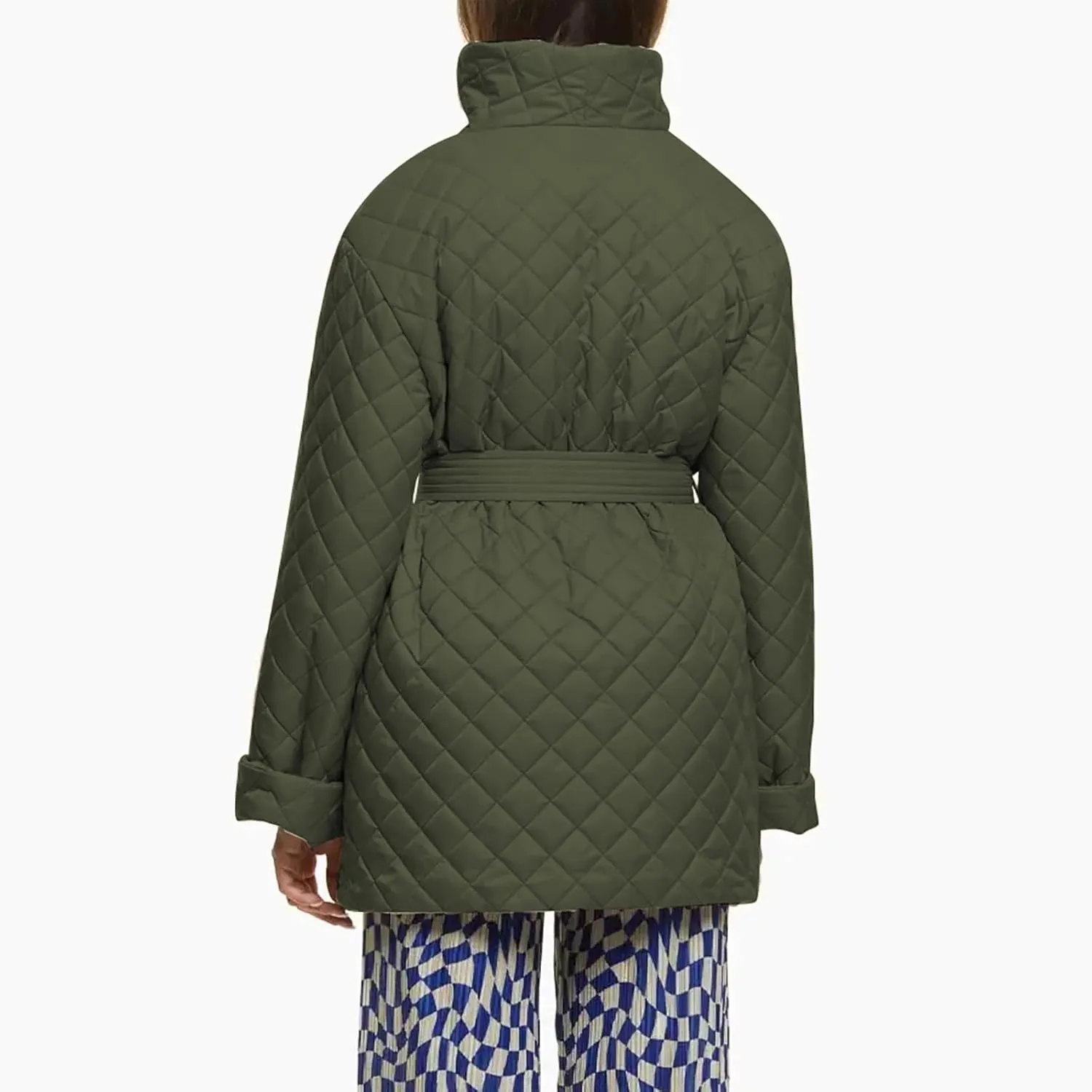 Double Breasted Long Belted Coats Women Long Sleeve Argyle Hoodies Quilted Jacket Maxi Winter Warm Down Coat Outerwear