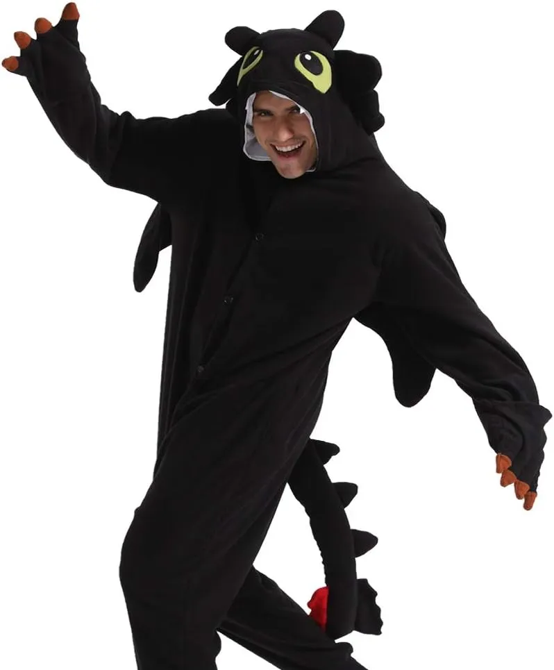 dressfan Animal Dragon Onesie Costume Halloween Cosplay Costume Christmas Pajamas for Unisex Adults Teens Black&White