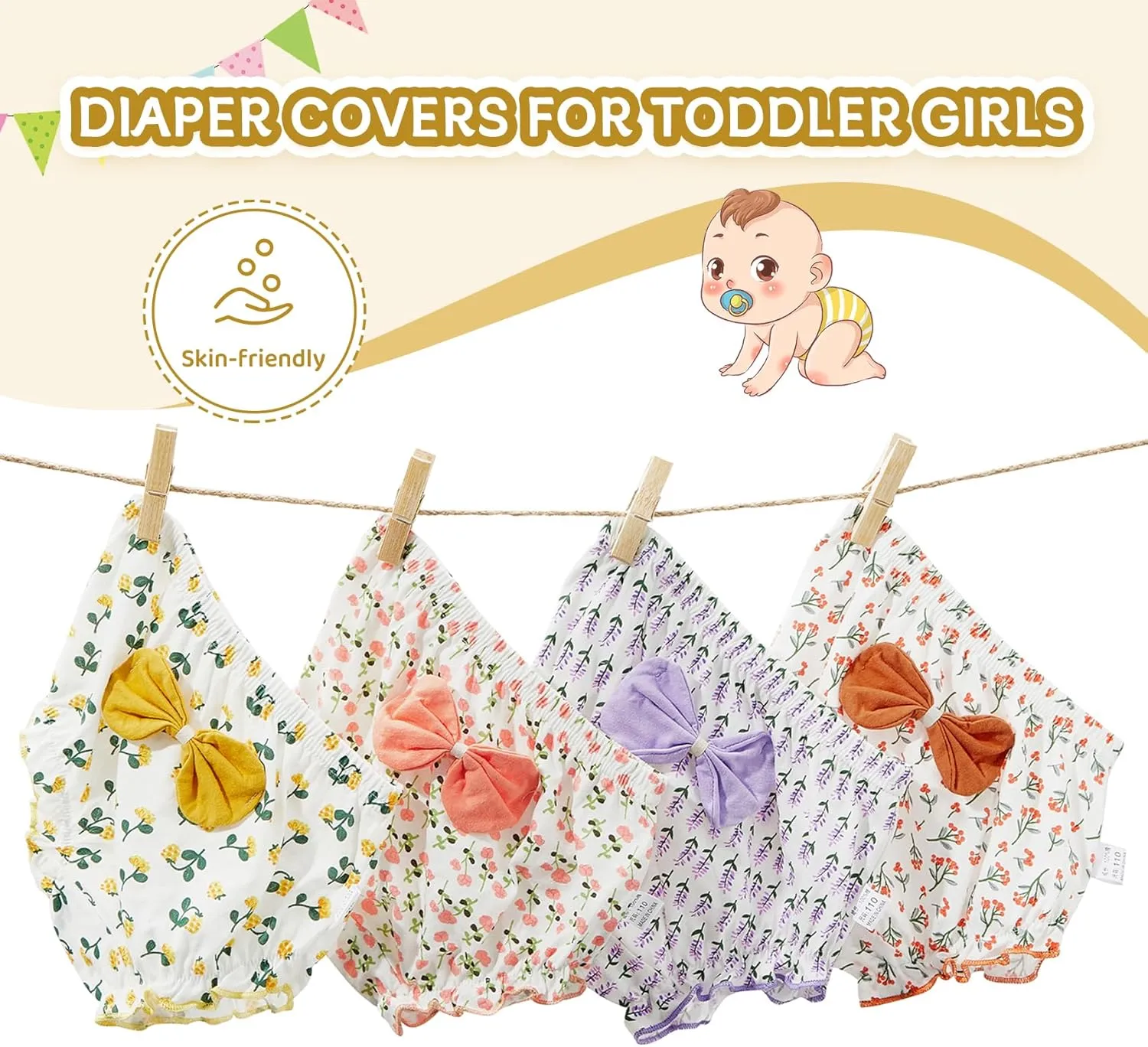 Durio 4Pcs Diaper Covers for Girls Baby Bloomers for Toddler Girls Ruffle Cute Cotton Baby Girl Shorts Toddler Girl Bloomers