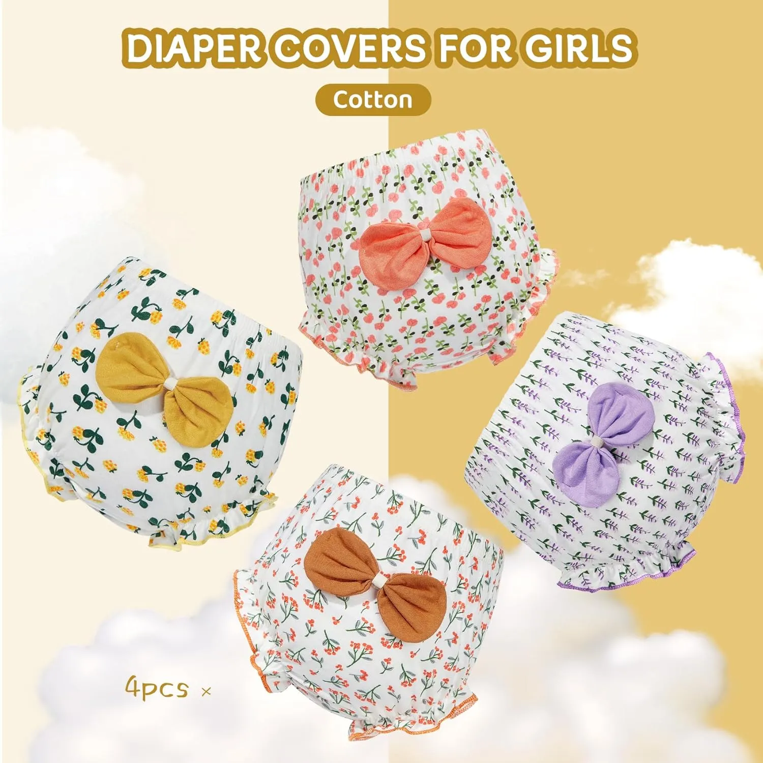 Durio 4Pcs Diaper Covers for Girls Baby Bloomers for Toddler Girls Ruffle Cute Cotton Baby Girl Shorts Toddler Girl Bloomers