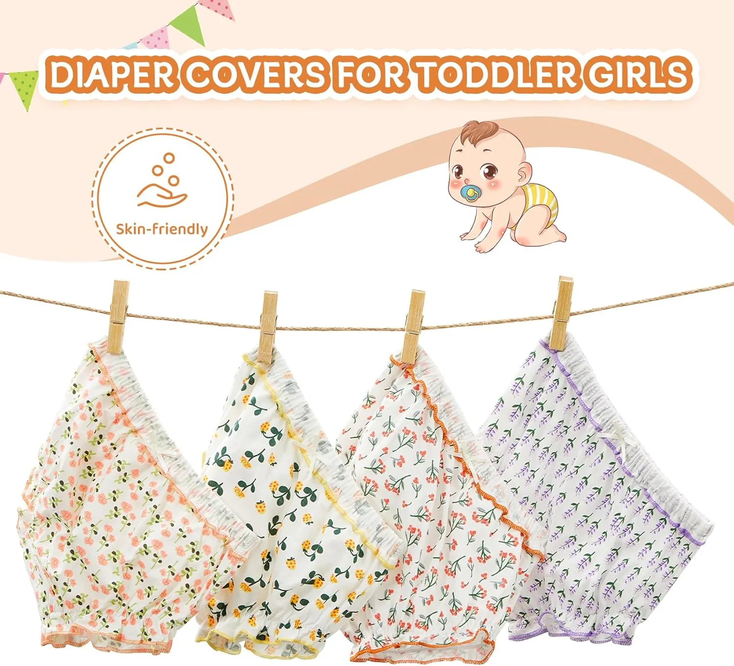 Durio 4Pcs Diaper Covers for Girls Baby Bloomers for Toddler Girls Ruffle Cute Cotton Baby Girl Shorts Toddler Girl Bloomers