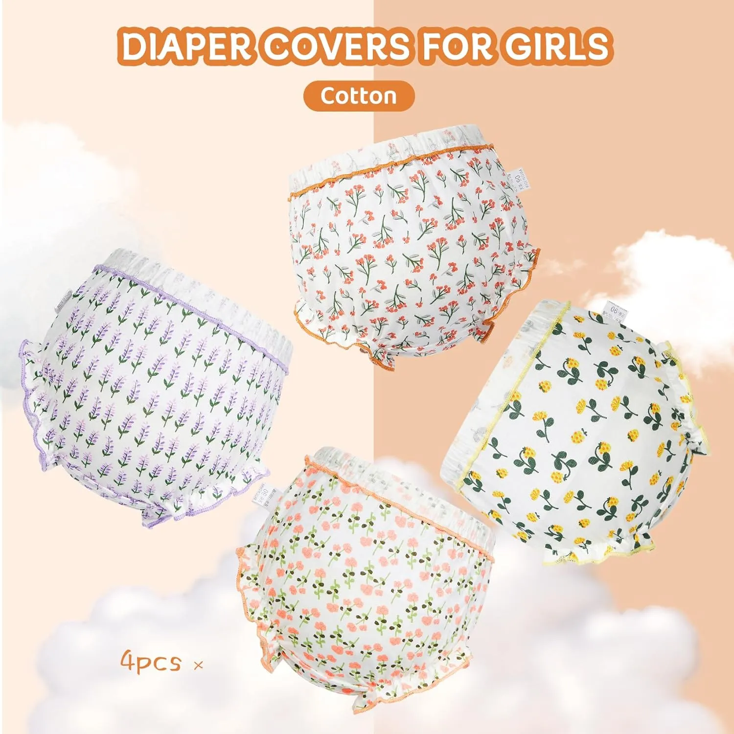 Durio 4Pcs Diaper Covers for Girls Baby Bloomers for Toddler Girls Ruffle Cute Cotton Baby Girl Shorts Toddler Girl Bloomers
