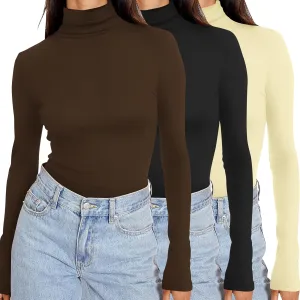 Ekouaer Women's 3 Pack Turtleneck Long Sleeve Shirts Slim Fit Thermal Underwear Tops Lightweight Pullover Tees