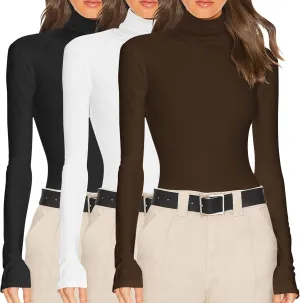 Ekouaer Women's 3 Pack Turtleneck Long Sleeve Shirts Slim Fit Thermal Underwear Tops Lightweight Pullover Tees