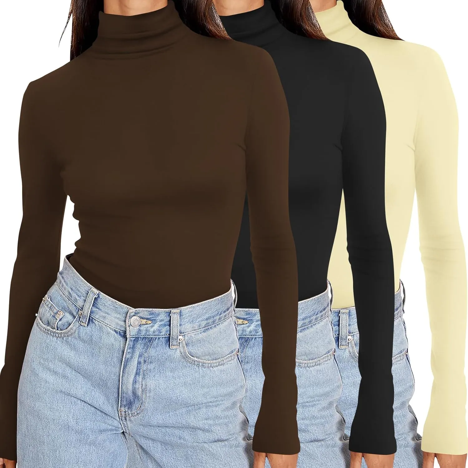 Ekouaer Women's 3 Pack Turtleneck Long Sleeve Shirts Slim Fit Thermal Underwear Tops Lightweight Pullover Tees