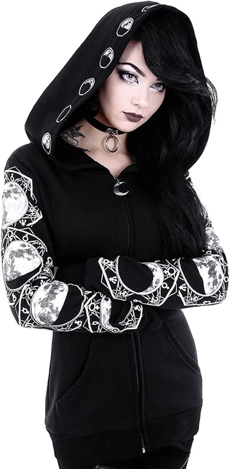 Fashion Gothic Zip Up Hoodies for Women 2024 Punk Halloween Costumes Hooded Jacket Plus Size Long Sleeve