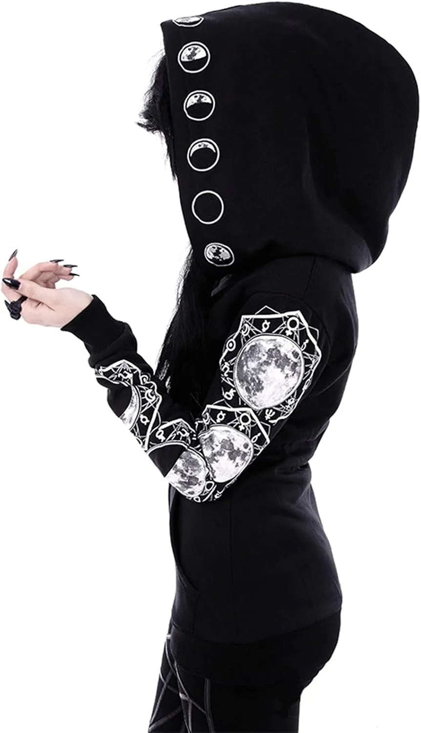 Fashion Gothic Zip Up Hoodies for Women 2024 Punk Halloween Costumes Hooded Jacket Plus Size Long Sleeve