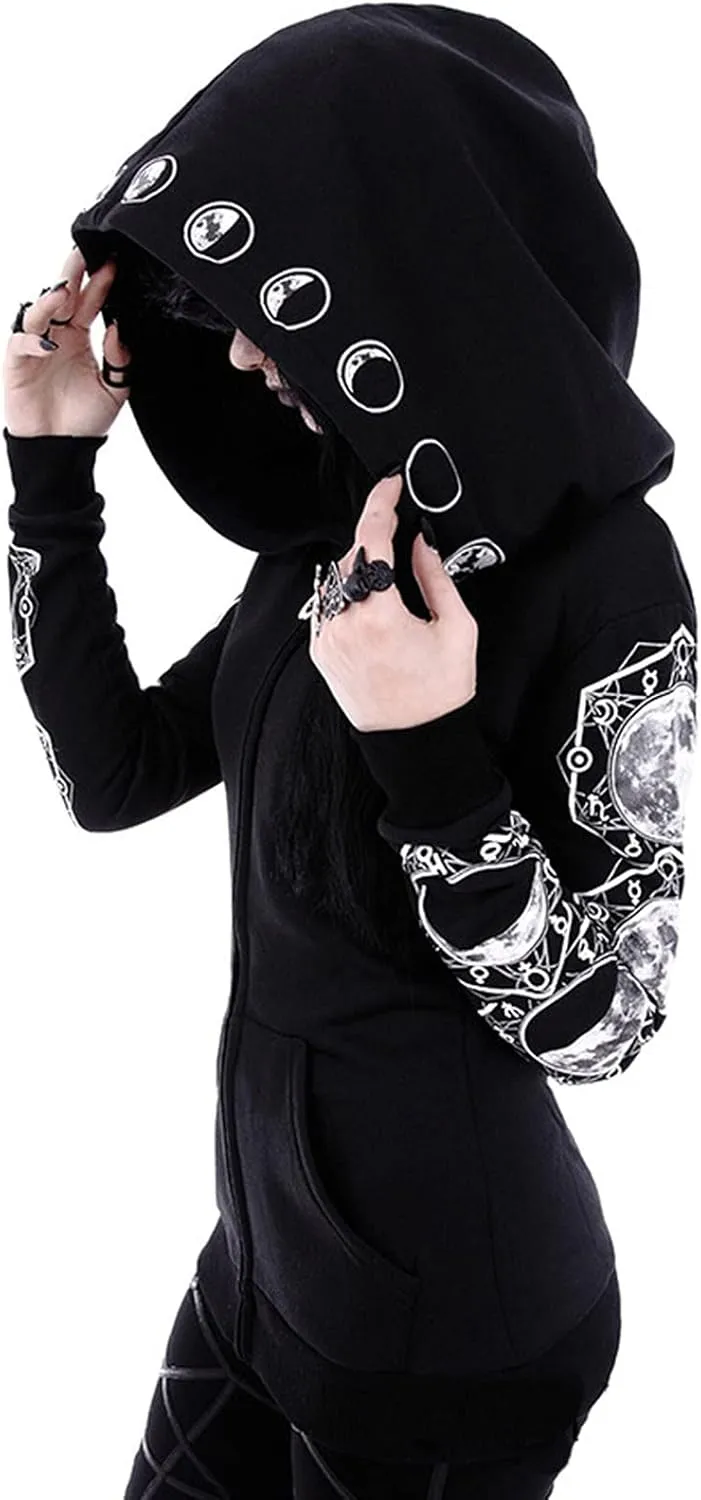 Fashion Gothic Zip Up Hoodies for Women 2024 Punk Halloween Costumes Hooded Jacket Plus Size Long Sleeve
