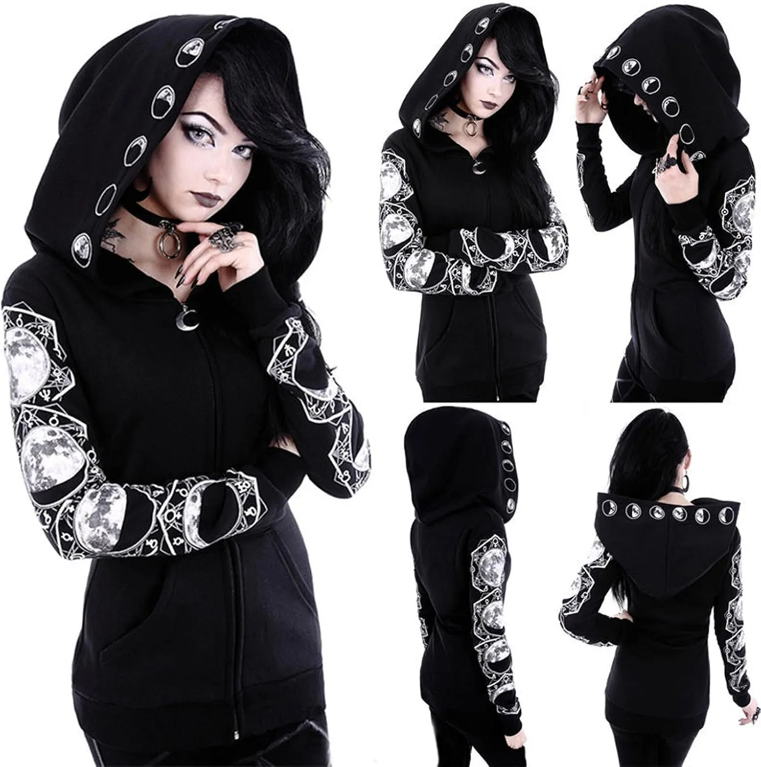 Fashion Gothic Zip Up Hoodies for Women 2024 Punk Halloween Costumes Hooded Jacket Plus Size Long Sleeve